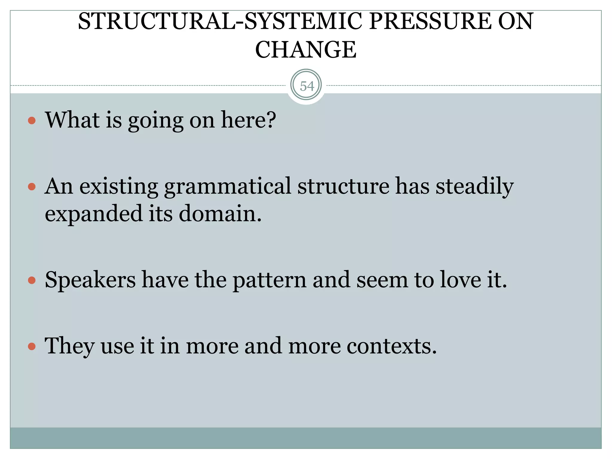STRUCTURAL-SYSTEMIC PRESSURE ON 
CHANGE 
54 
 What is going on here? 
 An existing grammatical structure has steadily 
expanded its domain. 
 Speakers have the pattern and seem to love it. 
 They use it in more and more contexts. 
 