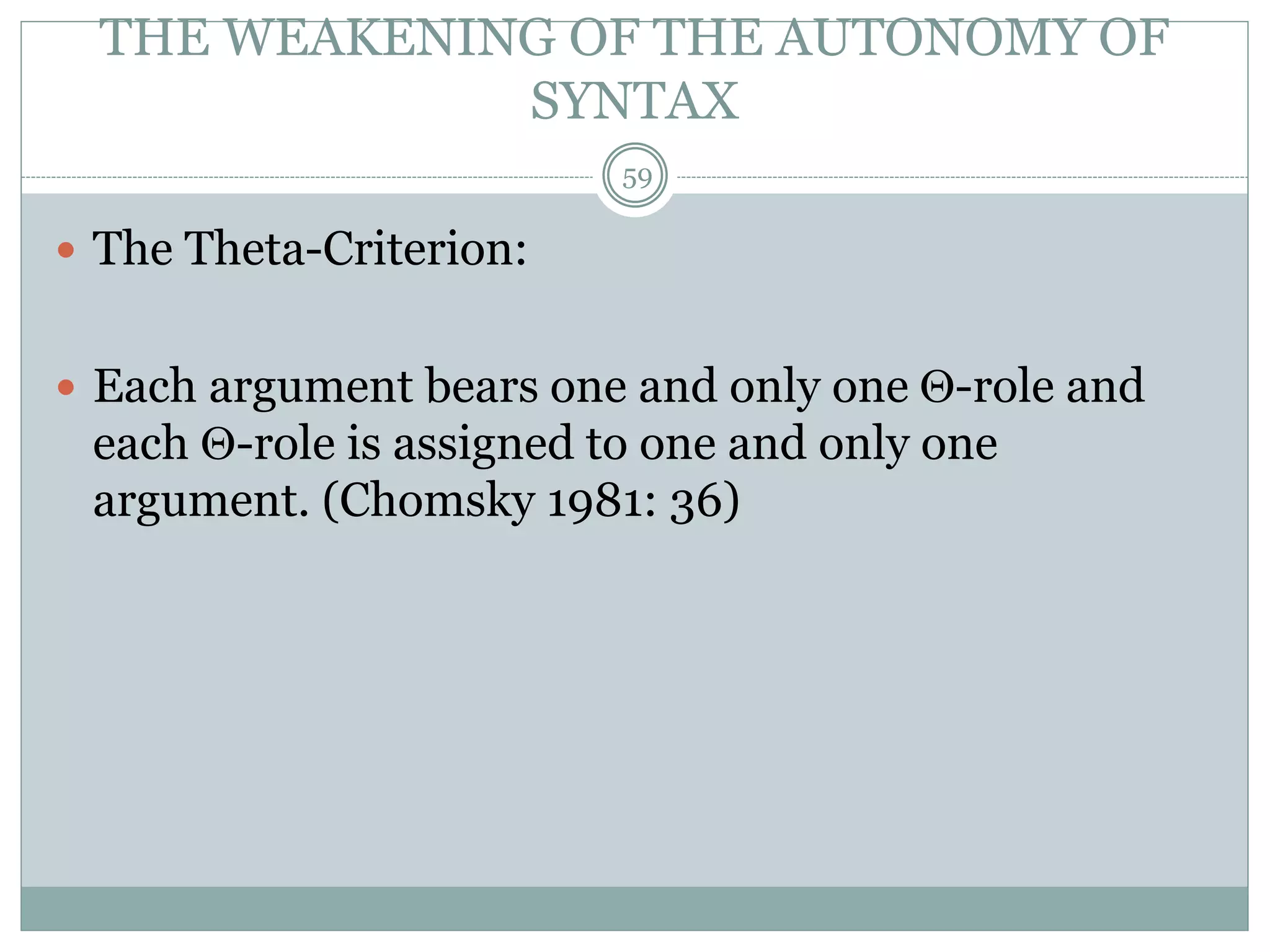 THE WEAKENING OF THE AUTONOMY OF 
SYNTAX 
 The Theta-Criterion: 
59 
 Each argument bears one and only one Q-role and 
each Q-role is assigned to one and only one 
argument. (Chomsky 1981: 36) 
 