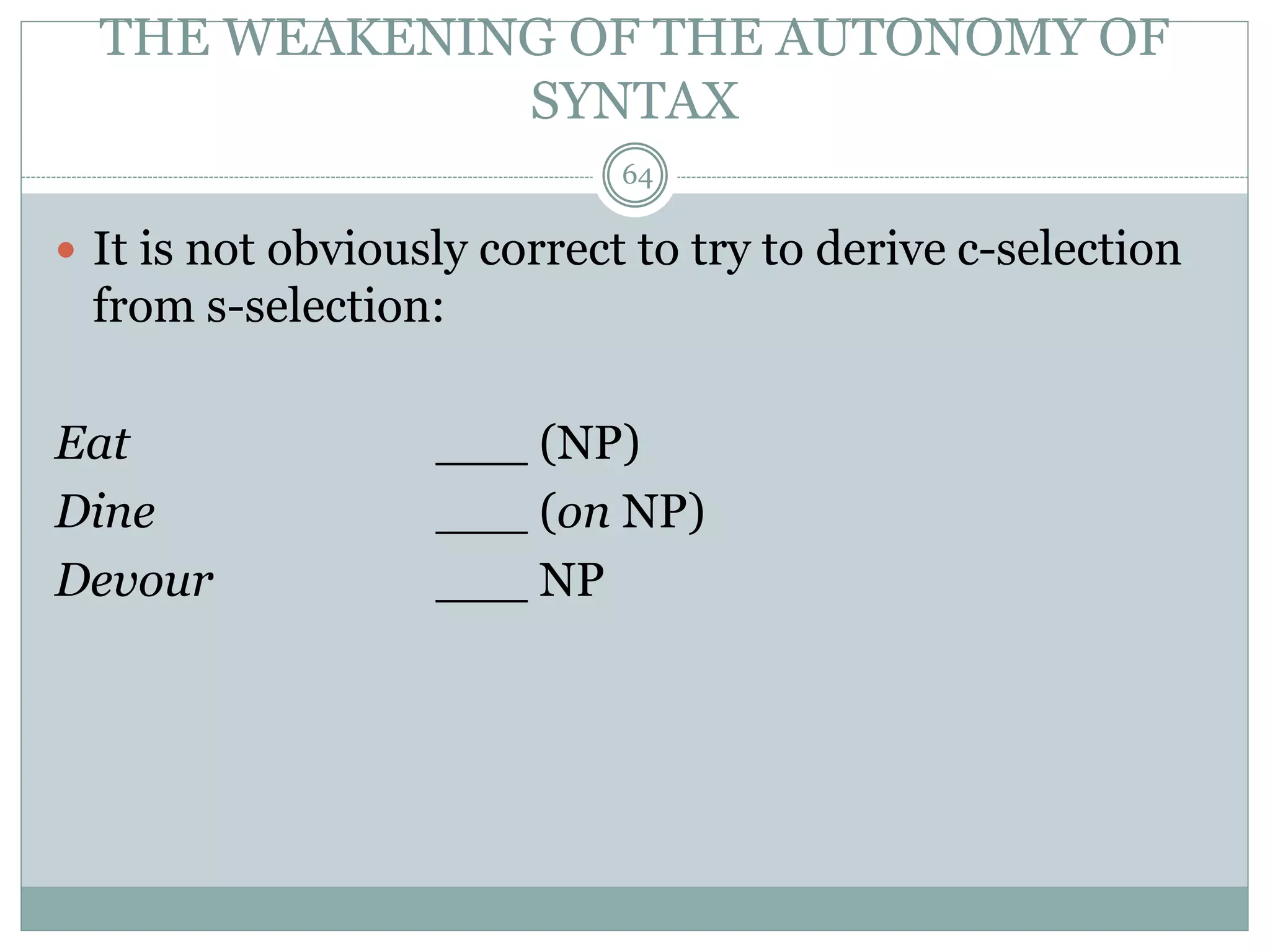 THE WEAKENING OF THE AUTONOMY OF 
SYNTAX 
64 
 It is not obviously correct to try to derive c-selection 
from s-selection: 
Eat ___ (NP) 
Dine ___ (on NP) 
Devour ___ NP 
 