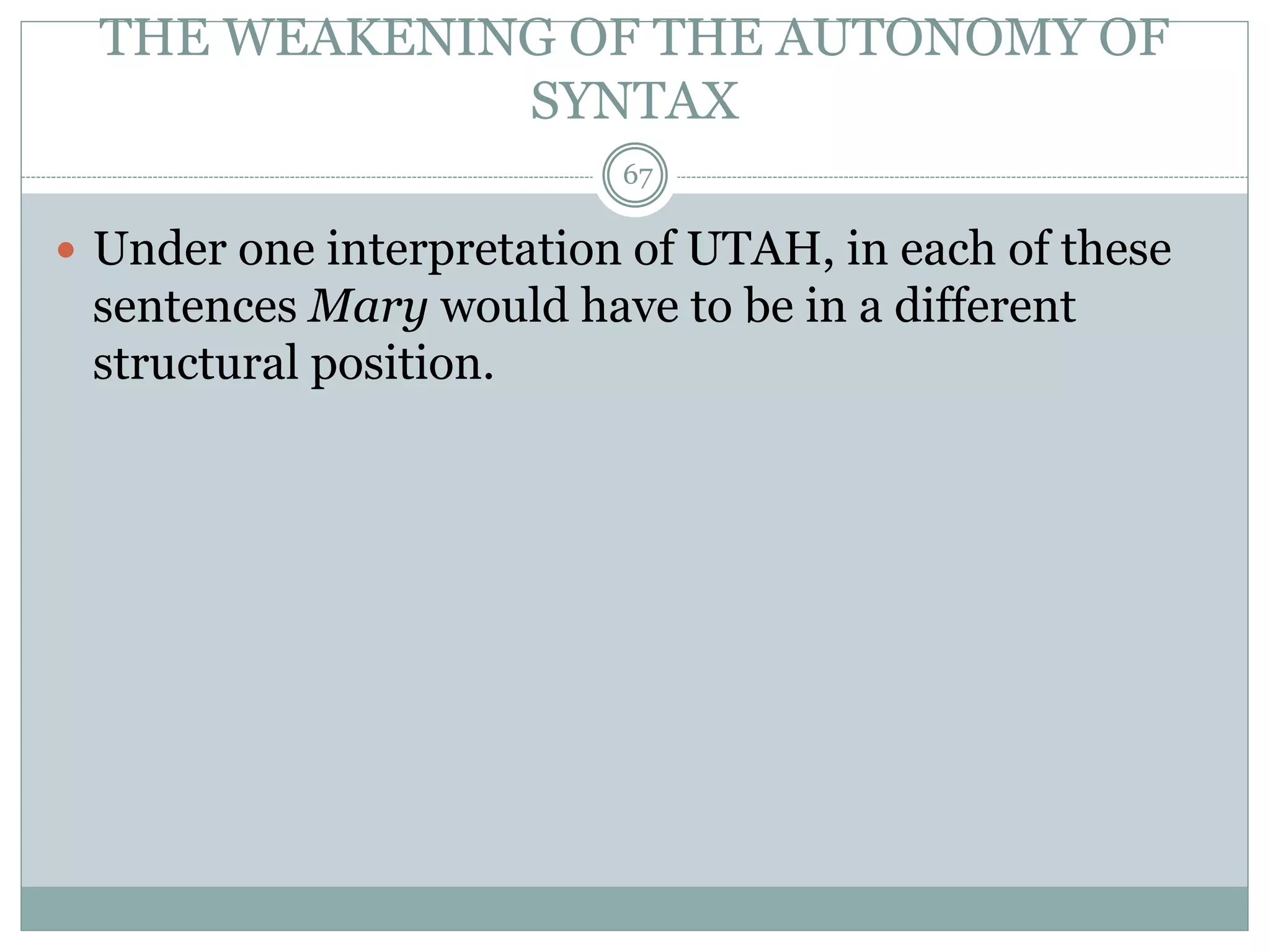 THE WEAKENING OF THE AUTONOMY OF 
SYNTAX 
67 
 Under one interpretation of UTAH, in each of these 
sentences Mary would have to be in a different 
structural position. 
 