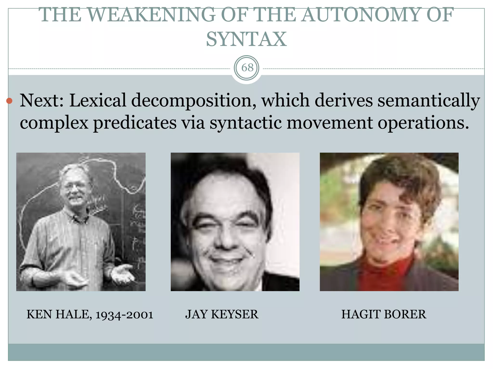 THE WEAKENING OF THE AUTONOMY OF 
SYNTAX 
68 
 Next: Lexical decomposition, which derives semantically 
complex predicates via syntactic movement operations. 
KEN HALE, 1934-2001 JAY KEYSER HAGIT BORER 
 