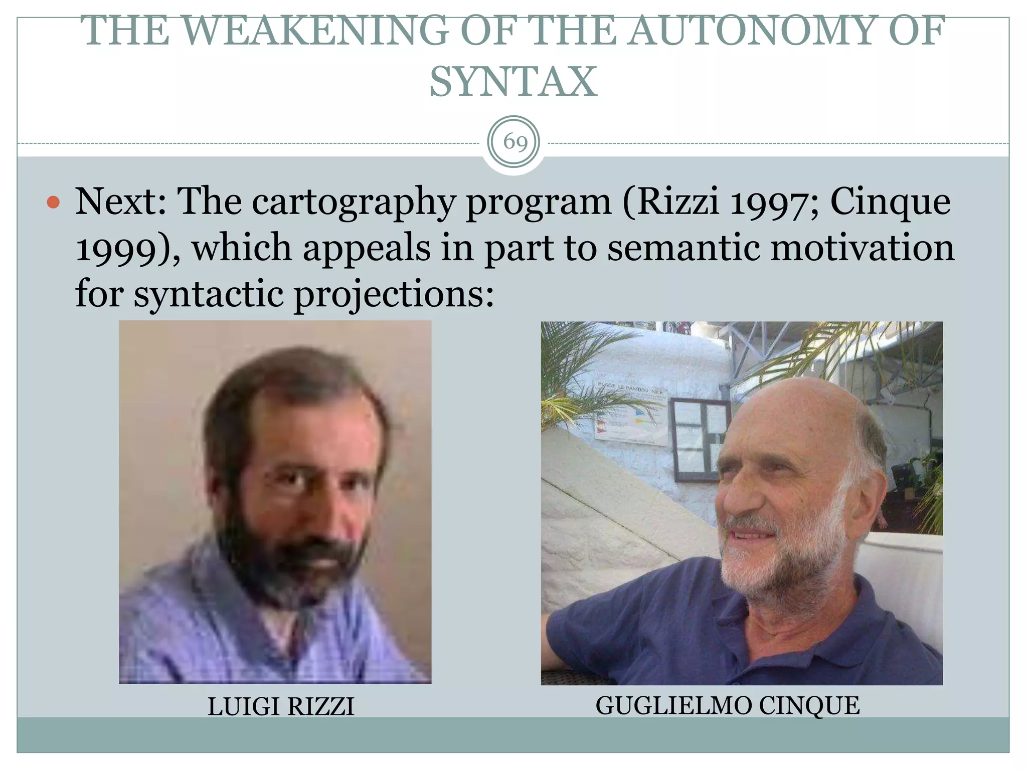 THE WEAKENING OF THE AUTONOMY OF 
SYNTAX 
69 
 Next: The cartography program (Rizzi 1997; Cinque 
1999), which appeals in part to semantic motivation 
for syntactic projections: 
LUIGI RIZZI GUGLIELMO CINQUE 
 