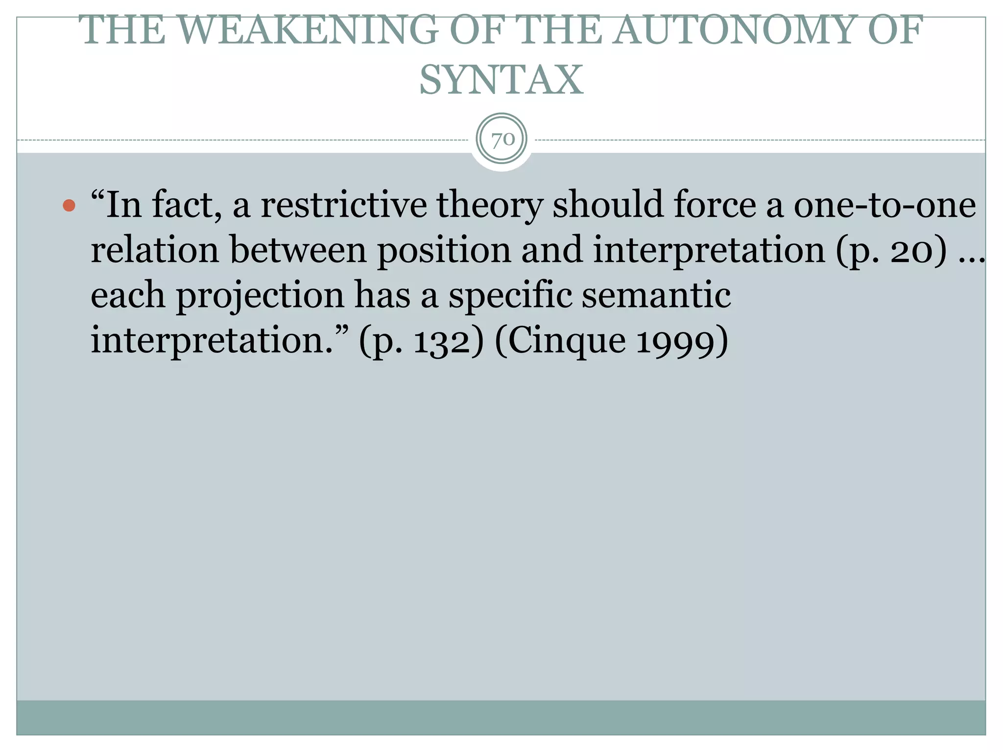 THE WEAKENING OF THE AUTONOMY OF 
SYNTAX 
70 
 “In fact, a restrictive theory should force a one-to-one 
relation between position and interpretation (p. 20) … 
each projection has a specific semantic 
interpretation.” (p. 132) (Cinque 1999) 
 