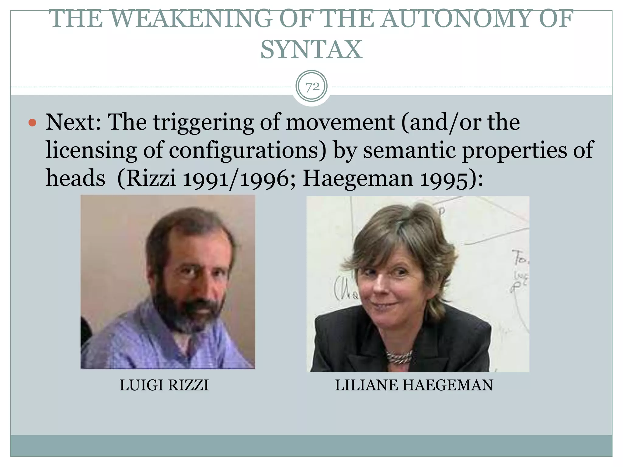 THE WEAKENING OF THE AUTONOMY OF 
SYNTAX 
72 
 Next: The triggering of movement (and/or the 
licensing of configurations) by semantic properties of 
heads (Rizzi 1991/1996; Haegeman 1995): 
LUIGI RIZZI LILIANE HAEGEMAN 
 