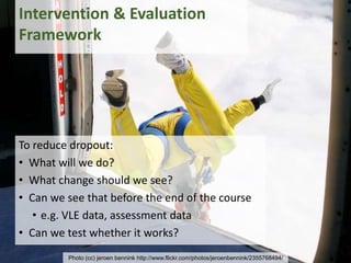 Photo (cc) jeroen bennink http://www.flickr.com/photos/jeroenbennink/2355768494/
To reduce dropout:
• What will we do?
• What change should we see?
• Can we see that before the end of the course
• e.g. VLE data, assessment data
• Can we test whether it works?
Intervention & Evaluation
Framework
 