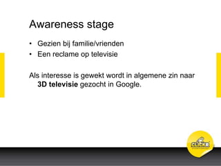 Awareness stage
• Gezien bij familie/vrienden
• Een reclame op televisie
Als interesse is gewekt wordt in algemene zin naar
3D televisie gezocht in Google.
 
