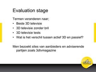 Evaluation stage
Termen veranderen naar;
• Beste 3D televisie
• 3D televisie zonder bril
• 3D televisie tests
• Wat is het verschil tussen actief 3D en passief?
Men bezoekt sites van aanbieders en adviserende
partijen zoals 3dtvmagazine
 