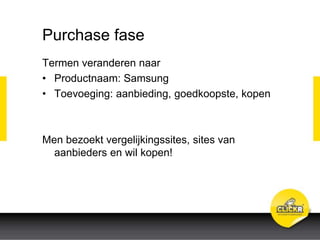 Purchase fase
Termen veranderen naar
• Productnaam: Samsung
• Toevoeging: aanbieding, goedkoopste, kopen
Men bezoekt vergelijkingssites, sites van
aanbieders en wil kopen!
 