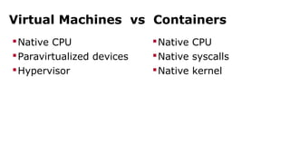 Virtual Machines vs Containers 
Native CPU 
Paravirtualized devices 
Hypervisor 
Native CPU 
Native syscalls 
Native kernel 
 