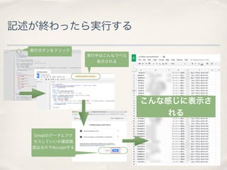 まずはネット上にある株価情報を取得する 
A1のセルに以下を入力しますしばらくすると株価が表示さ 
=GoogleFinance("GOOG","Price") 
れます 
これはティッカーシンボルといって株式市場で上場企業や商品を識別するた 
め付けられてるもの。ニューヨーク証券取引所やNASDAQといったアメリ 
カの証券取引所で用いられているものなのです。 
ティッカー・シンボルをいくつか調べてあるのでGOOG以外の値もいれてみ 
ましょう 
• Ford Motorの場合 → “F” 
• GEの場合 → “GE” 
• 3Mの場合 → “MMM: 
• Microsoftの場合 → “MSFT” 
 