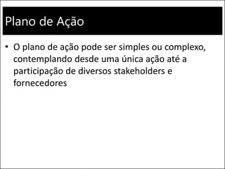 Plano de Ação
• O plano de ação pode ser simples ou complexo,
contemplando desde uma única ação até a
participação de diversos stakeholders e
fornecedores
 