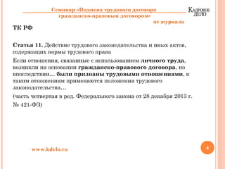 ТК РФ
Статья 11. Действие трудового законодательства и иных актов,
содержащих нормы трудового права
Если отношения, связанные с использованием личного труда,
возникли на основании гражданско-правового договора, но
впоследствии… были признаны трудовыми отношениями, к
таким отношениям применяются положения трудового
законодательства…
(часть четвертая в ред. Федерального закона от 28 декабря 2013 г.
№ 421-ФЗ)
 
4www.kdelo.ru
Семинар «Подмена трудового договора
гражданско-правовым договором»
от журнала
 