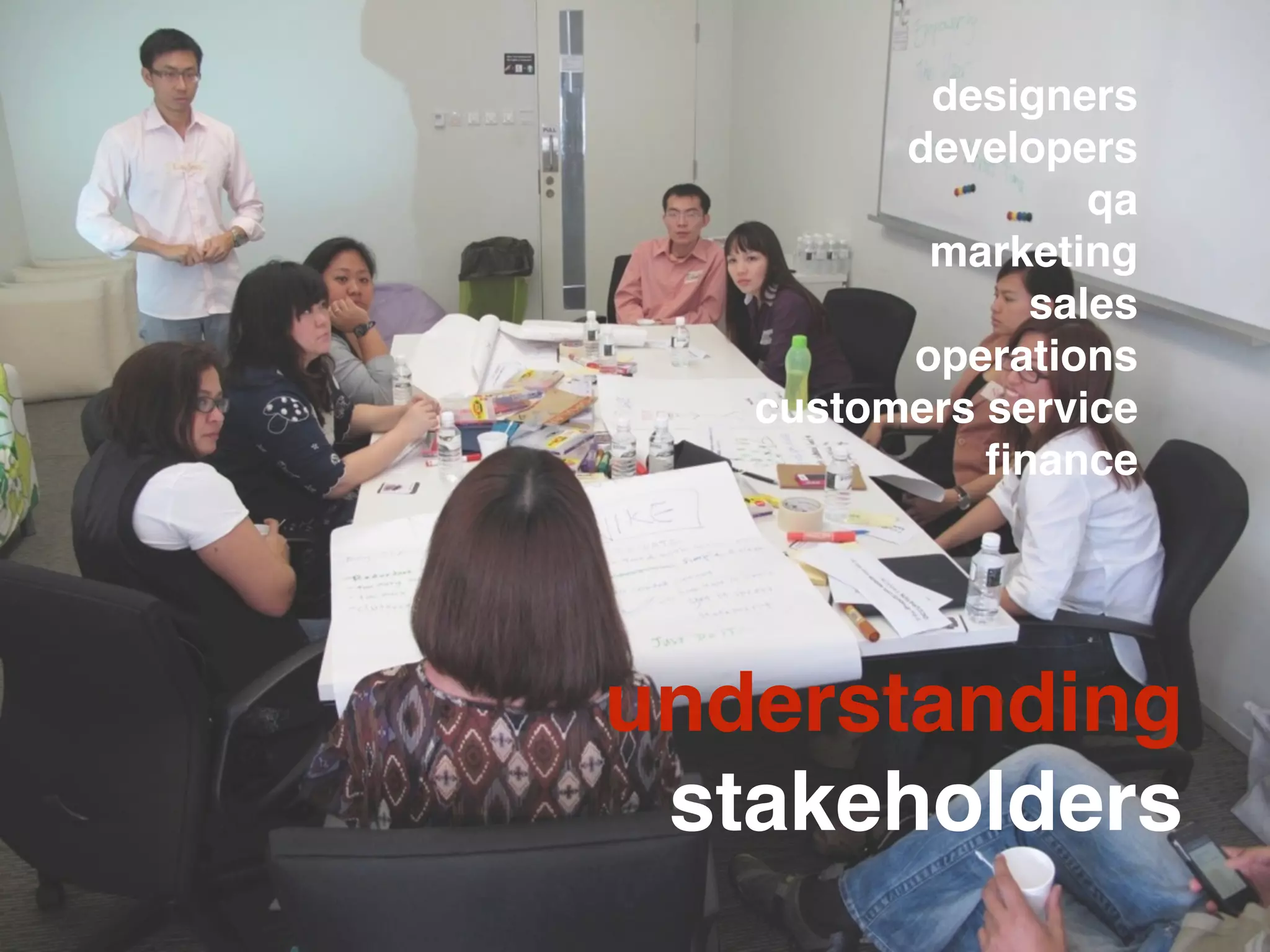 designers
developers
qa
marketing
sales
operations
customers service
ﬁnance
understanding
stakeholders
 