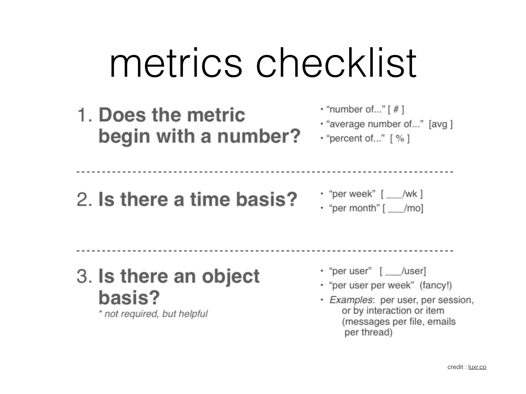 metrics checklist
credit : luxr.co
 