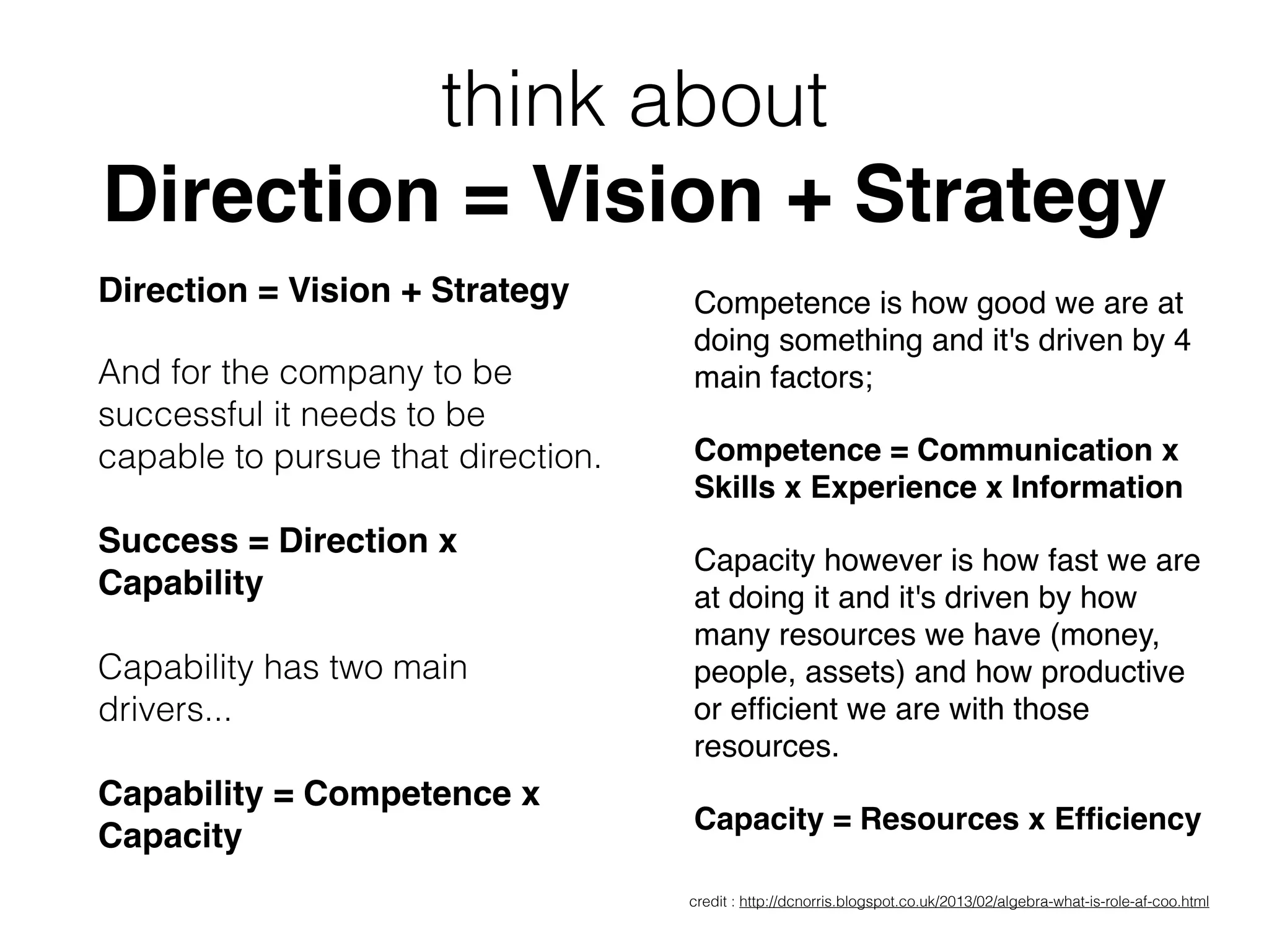 think about
Direction = Vision + Strategy
Direction = Vision + Strategy
And for the company to be
successful it needs to be
capable to pursue that direction. 
 
Success = Direction x
Capability 
 
Capability has two main
drivers... 
 
Capability = Competence x
Capacity
Competence is how good we are at
doing something and it's driven by 4
main factors;
Competence = Communication x
Skills x Experience x Information
Capacity however is how fast we are
at doing it and it's driven by how
many resources we have (money,
people, assets) and how productive
or efﬁcient we are with those
resources.
Capacity = Resources x Efﬁciency
credit : http://dcnorris.blogspot.co.uk/2013/02/algebra-what-is-role-af-coo.html
 