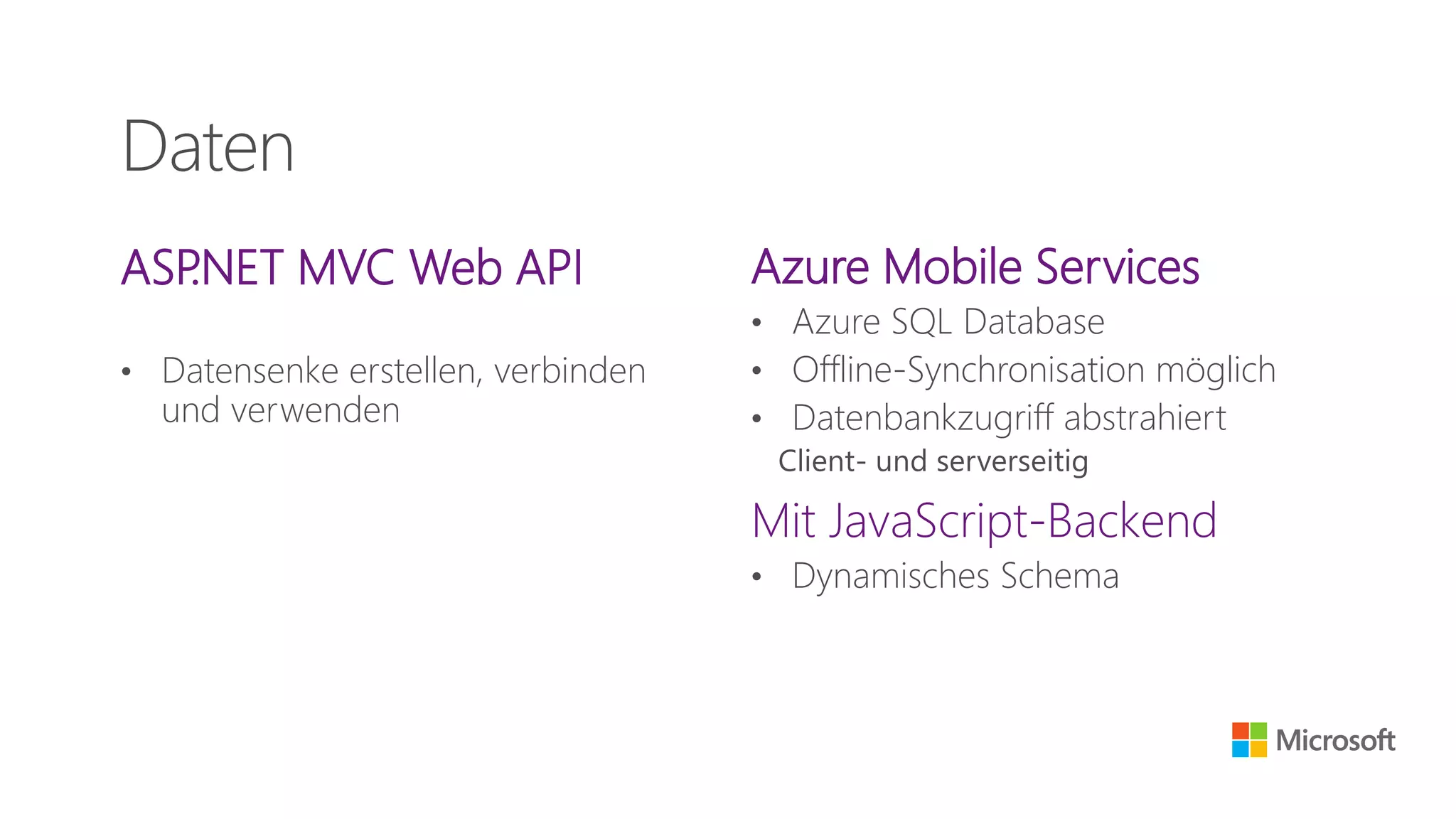 ASP.NET MVC Web API
• Datensenke erstellen, verbinden
und verwenden
Azure Mobile Services
• Azure SQL Database
• Offline-Synchronisation möglich
• Datenbankzugriff abstrahiert
Client- und serverseitig
Mit JavaScript-Backend
• Dynamisches Schema
Daten
 