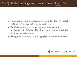 1st Question: Conclusion { 
R  
0 sin(5x)dx 
Students appear to be leaving Calculus I with an understanding that: 
The integral represents the area under the curve 
It is estimated by summing the areas of rectangles, becoming 
more accurate with more rectangles 
However, they struggle with expressing this idea as a formal 
limit 
Likely compounded by diculties with limit and summation 
concepts as well as associated notation 
Michelle 
 