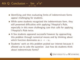 2nd Q: Understandings and Procedures { 
R 1 
0 
x 
(x2+1)3dx 
Procedure Understanding or Skill 
Recognize the integrand as 
a composed function 
Recall substitution as a technique for integrat- 
ing a composed function 
Identify the associated 
compositions of functions: 
g(x) = x2 + 1,f (x) = 1=x3, 
Being able to decompose a composite function 
Selecting and substituting 
u = x2 + 1 
12 
Skillfully selecting a u-substitution such 
that its derivative occurs in the integral, 
e.g., du = 2xdx, which implies du = xdx 
Determine the antideriva- 
tive 
Application of antidierentiation formulas and 
Rproperties of the integral; in particular 
un du = 1 
n+1un+1 + C; n6= 1 
Using appropriate limits of 
integration 
Understand that with the change of variables, 
the coordinate system upon which we are inte- 
grating has changed 
Apply FTC 
R b 
a f (x) dx = 
F(b)F(a) where F0(x) = 
f (x). 
Michelle 
 
