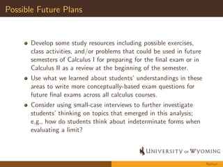 2nd Q: Common Errors { 
R 1 
0 
x 
(x2+1)3dx 
Failing to realize substitution for du includes the x term 
(leaving the x term in the numerator after usubstitution) 
Failing to take an antiderivative before evaluating 
Challenges with determining the antiderivative: 
Misapplication of antidierentiation formulas to numerator and 
denominator independently 
Perceiving the antiderivative for u3 involves ln 
Incorrect use of the Power Rule (subtracting the power by 1 
rather than adding one for the antiderivative) 
Forgetting to multiply by the coecient of 1 
2 
Michelle 
 