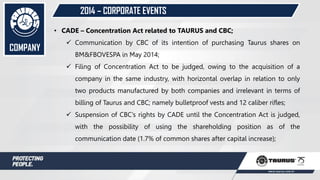 • CADE – Concentration Act related to TAURUS and CBC;
 Communication by CBC of its intention of purchasing Taurus shares on
BM&FBOVESPA in May 2014;
 Filing of Concentration Act to be judged, owing to the acquisition of a
company in the same industry, with horizontal overlap in relation to only
two products manufactured by both companies and irrelevant in terms of
billing of Taurus and CBC; namely bulletproof vests and 12 caliber rifles;
 Suspension of CBC’s rights by CADE until the Concentration Act is judged,
with the possibility of using the shareholding position as of the
communication date (1.7% of common shares after capital increase);
COMPANY
2014 – CORPORATE EVENTS
 