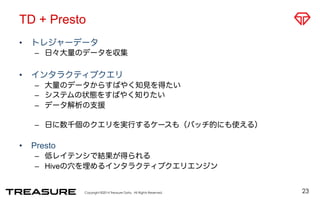 TD + Presto 
• トレジャーデータ 
– 日々大量のデータを収集 
• インタラクティブクエリ 
– 大量のデータからすばやく知見を得たい 
– システムの状態をすばやく知りたい 
– データ解析の支援 
– 日に数千個のクエリを実行するケースも（バッチ的にも使える） 
Copyright ©2014 Treasure Data. All Rights Reserved. 
• Presto 
– 低レイテンシで結果が得られる 
– Hiveの穴を埋めるインタラクティブクエリエンジン 
23 
 