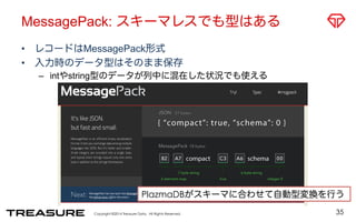 MessagePack: スキーマレスでも型はある 
Copyright ©2014 Treasure Data. All Rights Reserved. 
35 
• レコードはMessagePack形式 
• 入力時のデータ型はそのまま保存 
– intやstring型のデータが列中に混在した状況でも使える 
PlazmaDBがスキーマに合わせて自動型変換を行う 
 