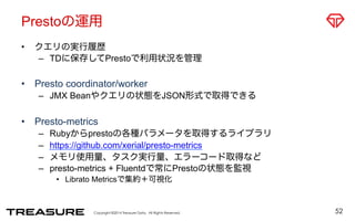 Prestoの運用 
• クエリの実行履歴 
– TDに保存してPrestoで利用状況を管理 
• Presto coordinator/worker 
– JMX Beanやクエリの状態をJSON形式で取得できる 
• Presto-metrics 
– Rubyからprestoの各種パラメータを取得するライブラリ 
– https://github.com/xerial/presto-metrics 
– メモリ使用量、タスク実行量、エラーコード取得など 
– presto-metrics + Fluentdで常にPrestoの状態を監視 
• Librato Metricsで集約＋可視化 
Copyright ©2014 Treasure Data. All Rights Reserved. 
52 
 