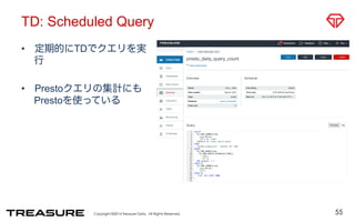 TD: Scheduled Query 
• 定期的にTDでクエリを実 
行 
• Prestoクエリの集計にも 
Prestoを使っている 
Copyright ©2014 Treasure Data. All Rights Reserved. 
55 
 
