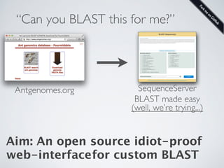 “Can you BLAST this for me?” 
Antgenomes.org SequenceServer 
BLAST made easy 
(well, we’re trying...) 
Aim: An open source idiot-proof 
web-interface for custom BLAST 
 