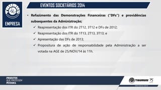 EMPRESA
EVENTOS SOCIETÁRIOS 2014
• Refazimento das Demonstrações Financeiras (“DFs”) e providências
subsequentes da Administração;
 Reapresentação dos ITR do 2T12, 3T12 e DFs de 2012;
 Reapresentação dos ITR do 1T13, 2T13, 3T13; e
 Apresentação das DFs de 2013;
 Propositura de ação de responsabilidade pela Administração a ser
votada na AGE de 25/NOV/14 às 11h.
 