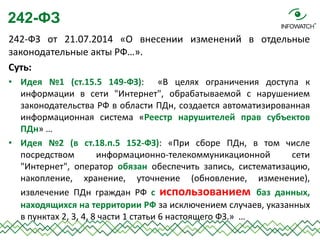 242-ФЗ от 21.07.2014 «О внесении изменений в отдельные законодательные акты РФ…». 
Суть: 
•Идея №1 (ст.15.5 149-ФЗ): «В це...