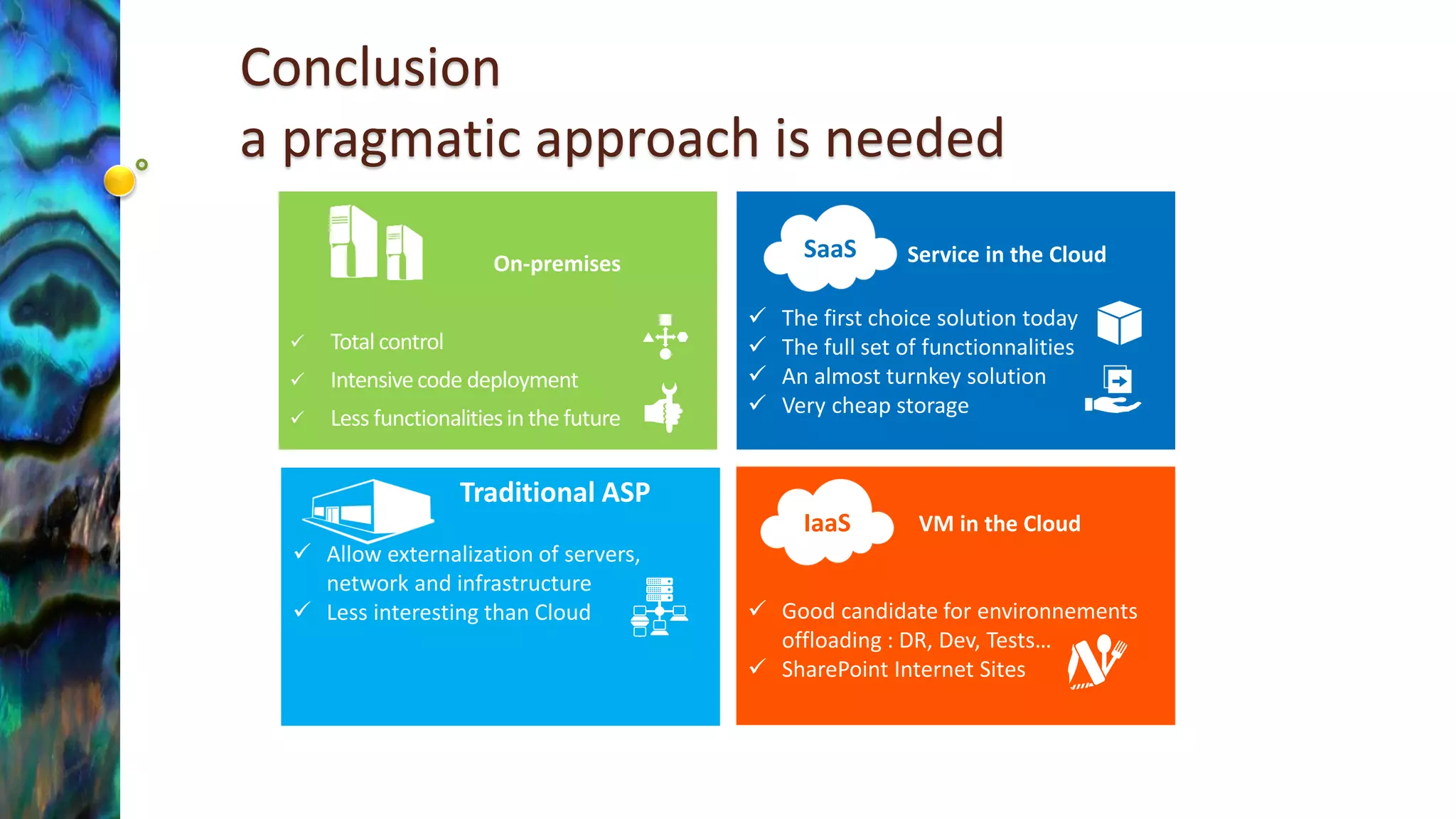 On-premises 
Total control 
Intensive code deployment 
Less functionalities in the futureConclusiona pragmatic approach is needed 
Traditional ASP 
Allow externalization of servers, network and infrastructure 
Less interesting than Cloud 
VM in the Cloud 
Good candidate for environnements offloading : DR, Dev, Tests… 
SharePoint Internet Sites 
IaaS 
Service in the Cloud 
The first choice solution today 
The full set of functionnalities 
An almost turnkey solution 
Very cheap storage 
SaaS 
