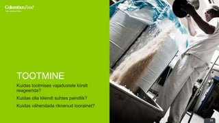 24 
TOOTMINE 
Kuidas tootmises vajadustele kiirelt 
reageerida? 
Kuidas olla kliendi suhtes paindlik? 
Kuidas vähendada riknenud toorainet? 
 
