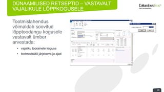 DÜNAAMILISED RETSEPTID – VASTAVALT 
VAJALIKULE LÕPPKOGUSELE 
Tootmislahendus 
võimaldab soovitud 
lõpptoodangu kogusele 
vastavalt ümber 
arvestada: 
• vajaliku toorainete koguse 
• tootmistsükli järjekorra ja ajad 
26 
 