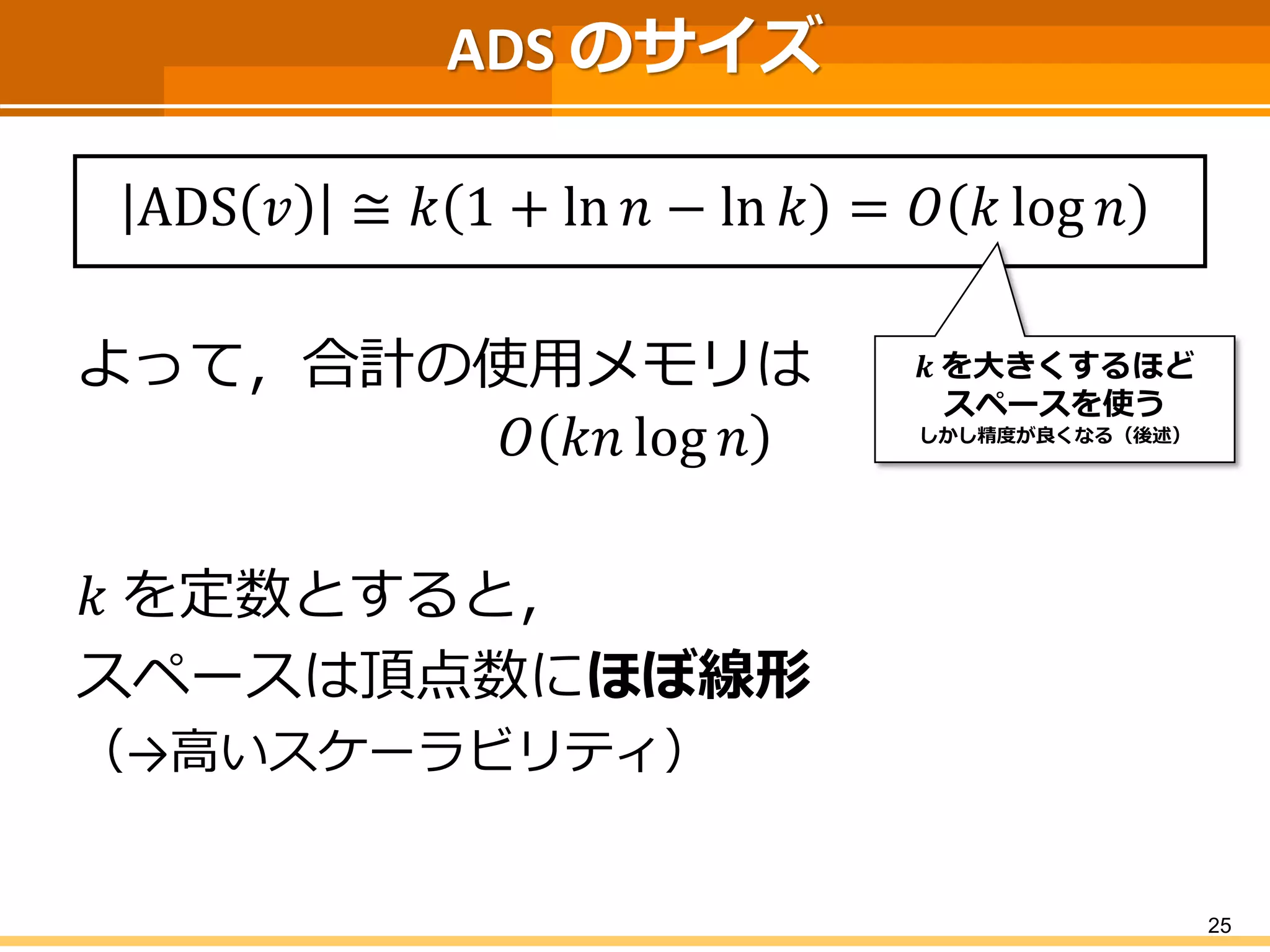 ADS のサイズ ADS푣≅푘1+ln푛−ln푘=푂푘log푛 
よって，合計の使用メモリは 
푂푘푛log푛 
푘を定数とすると， 
スペースは頂点数にほぼ線形 
（→高いスケーラビリティ） 
25 
풌を大きくするほど 
スペースを使う 
しかし精度が良くなる（後述）  