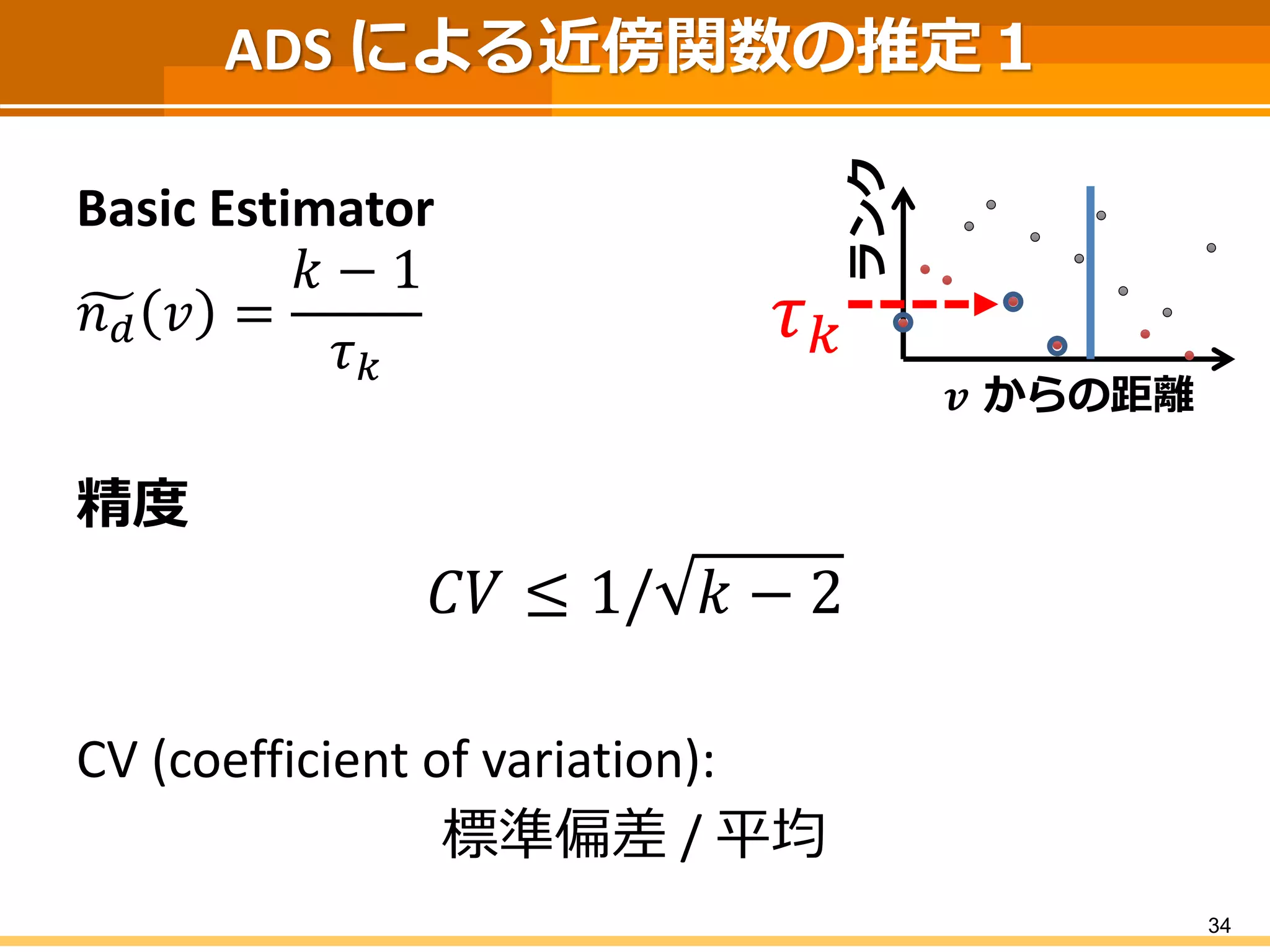 ADS による近傍関数の推定１ 
Basic Estimator 
푛푑푣= 푘−1 휏푘 
精度 
퐶푉≤1/푘−2 
CV (coefficient of variation): 
標準偏差/ 平均 
34 
풗からの距離 
ランク 
휏푘  