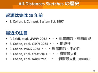 All-Distances Sketches の歴史 
起源は実は20 年前 
•E. Cohen. J. Comput. System Sci,1997 
最近の注目 
•P. Boldi, et al. WWW 2011・・・近傍関数・有向直径 
•E. Cohen, et al. COSN 2013・・・関連性 
•E. Cohen. PODS 2014・・・近傍関数・中心性 
•E. Cohen, et al. CIKM 2014 ・・・影響最大化 
•E. Cohen, et al. submitted・・・影響最大化（時間減衰） 
16 
 