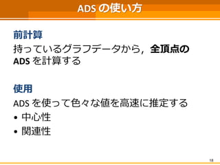ADSの使い方 
前計算 
持っているグラフデータから，全頂点の ADSを計算する 
使用 
ADS を使って色々な値を高速に推定する 
•中心性 
•関連性 
18 
 