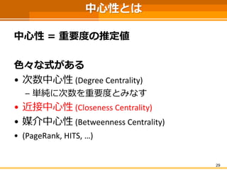 中心性とは 
中心性＝重要度の推定値 
色々な式がある 
•次数中心性(Degree Centrality) 
–単純に次数を重要度とみなす 
•近接中心性(Closeness Centrality) 
•媒介中心性(BetweennessCentrality) 
•(PageRank, HITS, …) 
29 
 