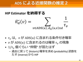 ADS による近接関数の推定２ 
HIP Estimatorを納得する 
푛푑푣= 푢∈ADS푣,푑퐺푣,푢≤푑 1 휏푢 
•휏푢は，푢がADS푣に含まれる条件付き確率 
•푢がADS(푣)に含まれるのは確率휏푢の現象 
•1/휏푢個ぐらい“仲間” が居たはず 
–過去に戻って(historic)確率を求め(probability) 逆数を たす(inverse) からHIP 
38 
 