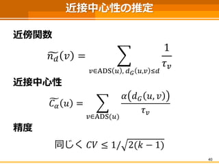 近接中心性の推定 
近傍関数 
푛푑푣= 푢∈ADS푣,푑퐺푣,푢≤푑 1 휏푢 
近接中心性 
퐶훼푣= 푢∈ADS(푣) 훼푑퐺푣,푢 휏푢 
精度 
同じく퐶푉≤1/2(푘−1) 
40 
 