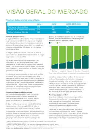 2 RELATÓRIO DE MOBILIDADE DA ERICSSON AMÉRICA LATINA E CARIBE NOVEMBRO DE 2014 
VISÃO GERAL DO MERCADO 
1 O Banco Mundial, Mobilidade Econômica e Ascensão da Classe Média Latino-americana, 2012 
2 FocusEconomics, setembro de 2014 
3 Ericsson ConsumerLab Infocom 2014. Com base em 10.839 entrevistas realizadas no Brasil, México, 
Argentina, Uruguai, El Salvador e Bolívia, com pessoas de 15 a 69 anos, classes A até D em zonas urbanas 
Divisão da receita de dados e voz de operadores 
móveis, do quarto trimestre de 2012 ao segundo 
trimestre de 2014, América Latina 
Dados Voz 
Fonte: Análise da Ericsson baseada em resultados trimestrais das operadoras 
M 
Assinaturas móveis (milhões) 
Assinaturas de smartphones (milhões) 
Trafego móvel total (PB/mês) 
Principais dados: América Latina e Caribe 
2014 
740 
270 
300 
2020 
900 
595 
1,800 
CAGR 2014–2020 
3% 
15% 
35% 
Contexto macroeconômico 
A região da América Latina e Caribe compreende 46 países 
e aproximadamente 620 milhões de pessoas. A região é 
diversificada, não apenas em termos de desenvolvimento 
socioeconômico e cultural, mas também com relação aos 
níveis de maturidade das Tecnologias de Informação e 
Comunicação (TIC). 
O PIB per capita varia bastante, junto com os perfis do 
consumidor. Isso afeta diretamente a velocidade da adoção 
de produtos e serviços de TIC. 
Na década anterior, a América Latina assistiu a um 
crescimento de 50% em sua classe média.1 Mais 
recentemente, o crescimento econômico desacelerou na 
região. Com um aumento de 1,3% no PIB em 2014, espera-se 
que a América Latina caia abaixo da média mundial pela 
primeira vez desde 2009.2 
A indústria de telecomunicações continua sendo um fator 
importante para o crescimento econômico. Em anos 
recentes, os governos ofereceram suporte a planos para a 
banda larga nacional, as operadoras investiram para evoluir 
a tecnologia de rede e houve uma demanda crescente por 
serviços em toda a região. Esses fatores são os principais 
impulsores de crescimento para o setor e promovem o 
desenvolvimento econômico regional. 
Crescimento e penetração do mercado 
Até o terceiro trimestre de 2014, havia 720 milhões 
de assinaturas móveis na região, resultando em 
uma penetração móvel de 115%. Somente poucos 
países ficaram abaixo da penetração de 100%. 
O Brasil e o México representam mais de 50% do total 
das assinaturas móveis na região. 80% de todas as 
assinaturas móveis estão concentradas em 7 países. 
Considerando o cenário econômico, é fácil entender que a 
América Latina é um mercado sensível ao preço dominado 
por planos pré-pagos. Apesar disso, as assinaturas 
pós-pagas estão crescendo devido aos esforços das 
operadoras para aumentar a sua base de clientes mais 
rentáveis. Voz ainda é a maior fonte de renda para as 
operadoras, mas dados estão ganhando relevância 
rapidamente com um fluxo de receita, conforme mostrado 
no gráfico acima. A adoção mais rápida de dispositivos 
inteligentes, além dos serviços e do conteúdo móveis 
diversificados impulsionarão o consumo de dados e a 
sua proporção de receita média por usuário (ARPU). 
Tendências do consumidor 3 
Uma classe média em crescimento, a disponibilidade 
de dispositivos mais baratos e a necessidade de 
estar conectado em qualquer lugar continuarão 
impulsionando a entrada e o uso de serviços e 
dispositivos de telecomunicações na região. 
Cerca de 60% dos domicílios possuem, pelo menos, 
2 dos seguintes dispositivos com acesso a internet: 
computador pessoal, celular e tablet. Mais de 60% acessam 
a internet nesses dispositivos diariamente e cerca de 
30% ficam conectados por mais de 3 horas por dia. 
0 
50 
100 
Operador 1 Operador 2 Operador 3 Operador 4 Operador 5 
 
