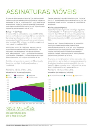 4 RELATÓRIO DE MOBILIDADE DA ERICSSON AMÉRICA LATINA E CARIBE NOVEMBRO DE 2014 
ASSINATURAS MÓVEIS 
A América Latina representa cerca de 10% das assinaturas 
móveis globais. Espera-se que a região atinja 740 milhões de 
assinaturas no final de 2014. Entre 2014 e 2020, prevê-se que 
as assinaturas móveis da América Latina terão uma taxa de 
crescimento anual composta (CAGR) de 3%, totalizando 900 
milhões de assinaturas até o final de 2020. 
Evolução da tecnologia 
A maioria (60%) da América Latina ainda usa GSM/EDGE, 
também conhecida como tecnologia 2G. Isso ocorre devido 
à grande proporção de consumidores de menor renda 
usando aparelhos telefônicos que funcionam somente com 
essa tecnologia. GSM continuará sendo a tecnologia móvel 
mais popular na região até 2016. 
Entre 2016 e 2020, a WCDMA/HSPA assumirá como a 
principal tecnologia de acesso por rádio na região. Ela 
responderá por cerca de 65% das assinaturas totais. 
Hoje, ela corresponde a 40%. A quantidade crescente de 
consumidores conectados e a necessidade de velocidade 
estão contribuindo para o rápido crescimento do 3G. 
Os leilões e lançamentos do espectro de LTE continuarão 
sendo uma prioridade elevada para operadoras e 
reguladores. 
>250 MILHÕES 
de assinaturas LTE 
até o final de 2020 
Assinaturas móveis, América Latina, 
separadas por dispositivo (milhões) 
Assinaturas móveis, América Latina, 
separadas por tecnologia (milhões) 
TD-SCDMA Outra tecnologia 
LTE WCDMA/HSPA GSM/EDGE PC móvel/roteador/tablet Smartphone Celular básico 
CDMA 
0 
100 
300 
500 
700 
200 
400 
600 
800 
900 
1.000 
2010 2011 2012 2013 2014 2015 2016 2017 2018 2019 2020 
0 
100 
200 
300 
400 
500 
600 
700 
800 
900 
1.000 
2010 2011 2012 2013 2014 2015 2016 2017 2018 2019 2020 
Eles vão acelerar a aceitação dessa tecnologia. Estima-se 
que o LTE representará aproximadamente 30% do total das 
assinaturas móveis até 2020, com mais de 250 milhões de 
assinaturas. 
Assinaturas de smartphones 
Os smartphones desempenharão uma função importante 
na adoção do 3G e do 4G. Preços menores, junto com a 
crescente disponibilidade de serviços online, aplicativos e 
conteúdo virtual, estimularão a adoção de smartphone de 
35% de assinaturas totais em 2014 para mais de 65% até 
2020. 
Estima-se que o número de assinaturas de smartphone 
na região superará as assinaturas para celulares 
básicos/feature phones até 2016. Isso não é inesperado, 
considerando que 34% das pessoas estão planejando 
comprar, renovar ou atualizar seus smartphones nos 
próximos 12 meses, de acordo com um estudo realizado 
pelo Ericsson ConsumerLab em 2014. 
O aumento de smartphones mais baratos oferecerá a mais 
consumidores a oportunidade para acessar serviços online, 
já que os computadores pessoais e os tablets são mais 
caros. Em alguns mercados, como o México, o smartphone 
é o principal dispositivo para acessar a internet. 
 