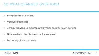 7 
SO WHAT CHANGED OVER T IME? 
• Multiplication of devices 
• Various screen sizes 
• 4 major browsers for desktop and 2 ...