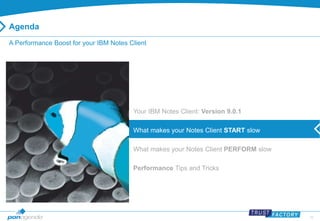 10 
Agenda 
A Performance Boost for your IBM Notes Client 
Your IBM Notes Client: Version 9.0.1 
What makes your Notes Client START slow 
What makes your Notes Client PERFORM slow 
Performance Tips and Tricks 
 