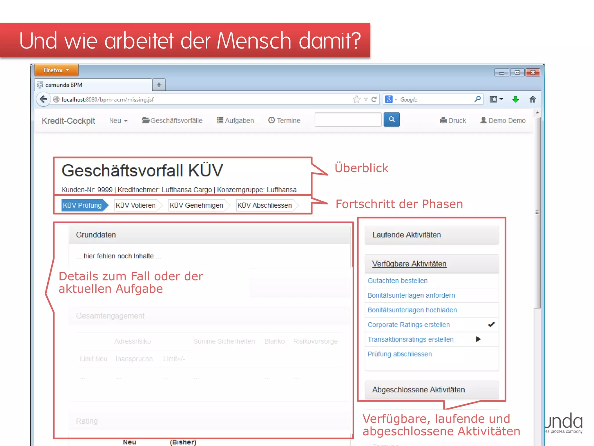 Und wie arbeitet der Mensch damit? 
Überblick 
Fortschritt der Phasen 
Verfügbare, laufende und abgeschlossene Aktivitäten 
Details zum Fall oder der aktuellen Aufgabe  