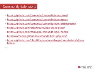 https://github.com/camunda/camunda-bpm-camel 
https://github.com/camunda/camunda-bpm-assert 
https://github.com/camunda/camunda-bpm-elasticsearch 
https://github.com/plexiti/camunda-grails-plugin 
https://github.com/camunda/camunda-bpm-needle 
http://camunda.github.io/camunda-bpm-php-sdk/ 
https://github.com/plexiti/camunda-webapp-tomcat-standalone- heroku 
… 
Community Extensions  