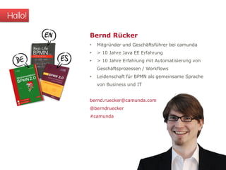 Hallo! 
Bernd Rücker 
•Mitgründer und Geschäftsführer bei camunda 
•> 10 Jahre Java EE Erfahrung 
•> 10 Jahre Erfahrung mit Automatisierung von Geschäftsprozessen / Workflows 
•Leidenschaft für BPMN als gemeinsame Sprache von Business und IT bernd.ruecker@camunda.com @berndruecker #camunda  
