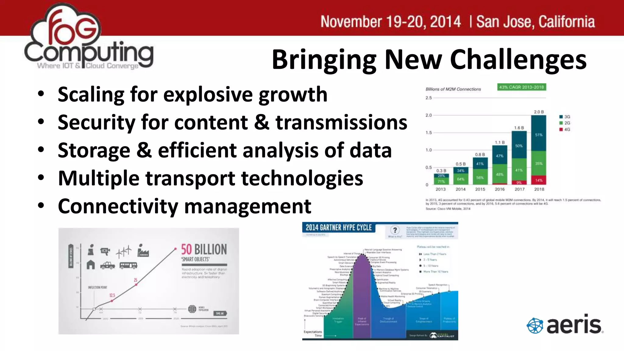 Bringing New Challenges
• Scaling for explosive growth
• Security for content & transmissions
• Storage & efficient analysis of data
• Multiple transport technologies
• Connectivity management
 