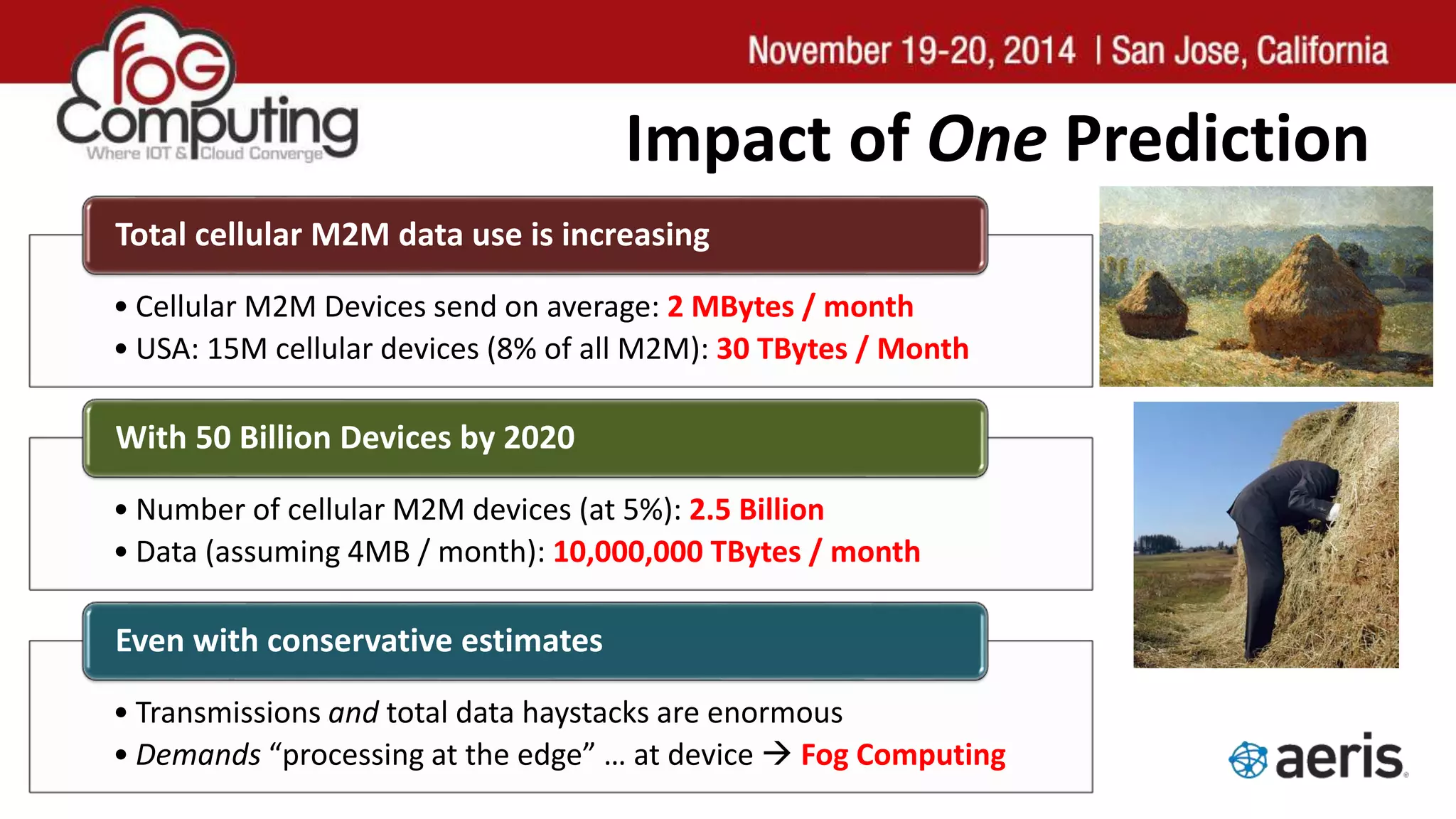 Impact of One Prediction
• Cellular M2M Devices send on average: 2 MBytes / month
• USA: 15M cellular devices (8% of all M2M): 30 TBytes / Month
Total cellular M2M data use is increasing
• Number of cellular M2M devices (at 5%): 2.5 Billion
• Data (assuming 4MB / month): 10,000,000 TBytes / month
With 50 Billion Devices by 2020
• Transmissions and total data haystacks are enormous
• Demands “processing at the edge” … at device  Fog Computing
Even with conservative estimates
 